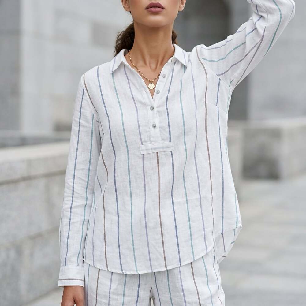 Artisan NY 100% Linen Striped Long Sleeve Henley Shirt Size M